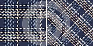 Check pattern in navy blue, soft yellow, white for spring autumn winter prints. Seamless hounds tooth tartan plaid vector.
