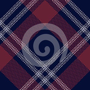 Check plaid pattern for autumn winter in navy blue, purple, red. Herringbone textured seamless asymmetric tartan vector for scarf.