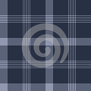 Check plaid pattern in blue for scarf, blanket, flannel shirt, duvet cover. Seamless simple dark Scottish tartan vector.