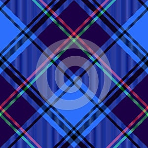 Check plaid pattern in bright neon blue, pink, green. Seamless tartan graphic vector background for spring summer autumn winter.