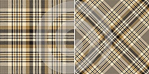 Check plaid pattern glen in gold, beige, black. Seamless neutral tweed tartan illustration vector for skirt, blanket, throw, duvet