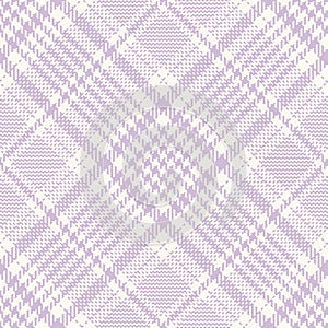 Check plaid pattern glen in soft lilac purple and off white. Seamless tweed tartan illustration for dress, jacket, skirt, blanket.