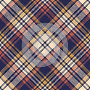 Check plaid pattern in navy blue, brown, gold, beige. Seamless large diagonal multicolored herringbone tartan check for autumn.