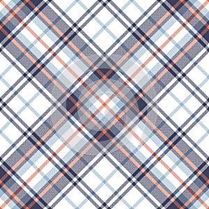 Check plaid pattern in navy blue, orange, white. Seamless herringbone diagonal large tartan for flannel shirt, scarf, blanket.