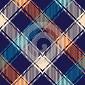 Check plaid pattern print in navy blue, orange, beige. Seamless asymmetric buffalo check tartan for flannel shirt, blanket, duvet.