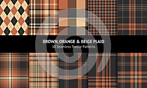 Check plaid pattern set for autumn in brown, orange, beige. Seamless dark tartan plaid vector background graphics for flannel.