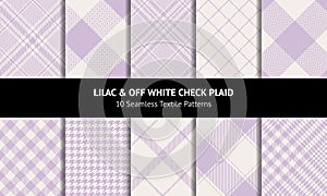 Check plaid pattern set in pastel lilac and off white. Seamless light tartan. Glen, tweed, gingham, vichy, buffalo check.