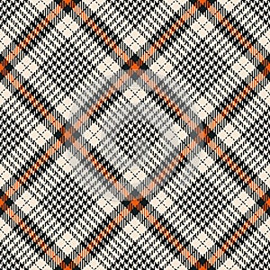 Check plaid pattern tweed in black, orange, beige. Seamless diagonal glen tartan plaid texture for dress, skirt, scarf, throw.