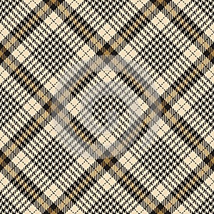Check plaid pattern tweed in gold, black, beige for spring autumn winter. Seamless diagonal neutral tartan vector graphic.