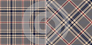 Check plaid pattern tweed in navy blue, red, beige. Seamless dark glen plaid vector illustration for spring summer autumn winter.
