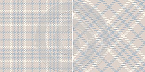 Check plaid pattern tweed in pale blue and beige. Seamless pixel textured neutral houndstooth tartan for dress, jacket, coat.