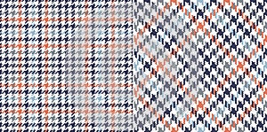 Check plaid pattern tweed for spring autumn winter in navy blue, grey, orange, white. Seamless pixel textured dog tooth tartan.