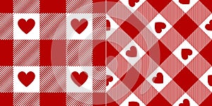 Check plaid pattern for Valentines Day with hearts in red and white. Seamless large buffalo check tartan set for spring autumn.