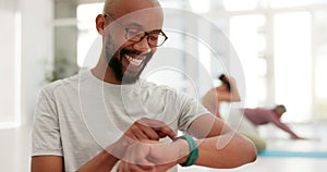 Check, smart watch and black man tracking fitness, performance and health with mobile app. Yoga class smile, and person