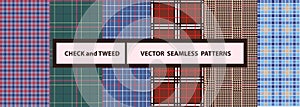 Check and tweed seamless patterns set. High quality precise seamless patterns