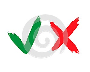 Check and wrong icons set of check marks. Tick and cross brush signs. Green checkmark OK and red X icons, isolated on