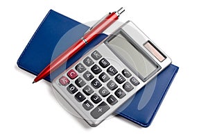 Checkbook,calculator and pen photo