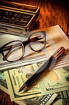 checkbook, pen, and glasses on a financial document