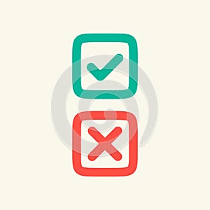 Checkbox checkmark square icon. Confirm true and false check mark, right wrong icon. Stock vector illustration isolated