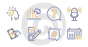 Checkbox, Cogwheel and Brainstorming icons set. Microphone, Decreasing graph and Question mark signs. Vector