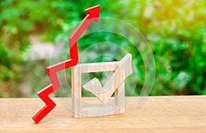 Checkbox and up arrow. The concept of increasing voter turnout. Forum, referendum. State election. Growth approval.