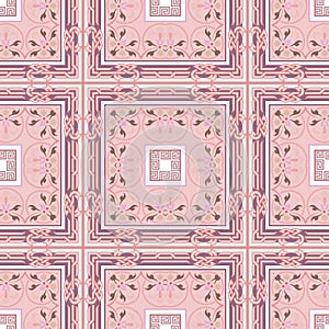 Checked arabesque seamless pattern. Vector ornamental pink background. Repeat rose color backdrop. Abstract plaid tartan arabic