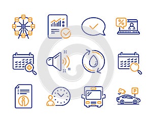 Checked calculation, Medical calendar and Approved message icons set. Vector