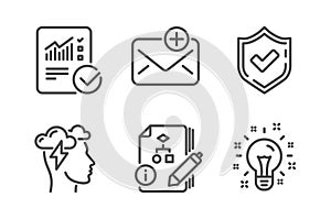 Checked calculation, New mail and Confirmed icons set. Mindfulness stress, Algorithm and Idea signs. Vector