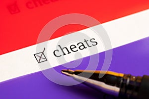 Checked checkbox with word cheats. questionnaire concept