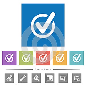 Checked data flat white icons in square backgrounds