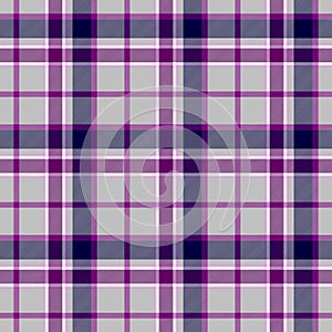 Checked tartan plaid scotch kilt fabric seamless pattern texture background - color gray, grey, purple, violet and white