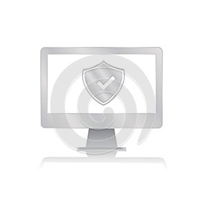 Checked shield for scure symbol inside blank screen computer monitor with reflection minimalist modern icon vector illustration