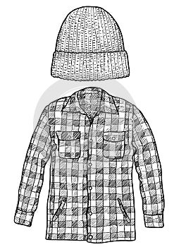 Checked shirt and hat hat illustration, drawing, engraving, ink, line art, vector photo