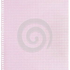 Checked spiral notebook page paper background, old aged pink chequered ring binder sheet flat lay A4 copy space, vertical squared