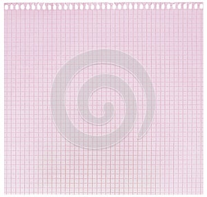 Checked spiral notebook page paper background, old aged pink chequered ring binder sheet flat lay copy space, horizontal squared