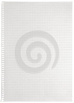 Checked spiral notebook page paper background, old aged white chequered ring binder sheet flat lay A4 copy space, isolated