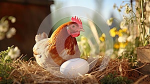 Checken hen in a straw nest with an egg