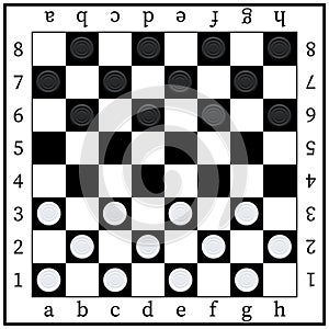 Checker board, top view of 3d black white round chips, table with checkerboard pattern