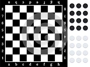 Checker board, top view vector illustration. 3d realistic layers with black and white round chips, wooden table with