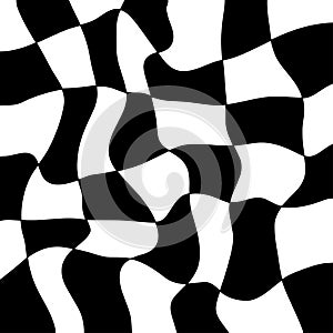 Checkerboard background in black and white colors, retro groovy wavy psychedelic checkerboard pattern. vector