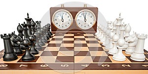 Checkerboard with figures and chess clock, 3D rendering