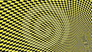 Checkered abstract wallpaper, black and yellow fabric illusion pattern texture background. 3d squares illustration