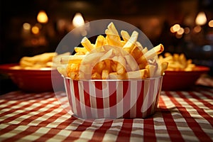 Checkered background complements diner basket filled with French fries