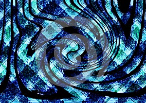 The checkered blue surface curves and curls into a wave against a black background. Abstract dynamic texture.