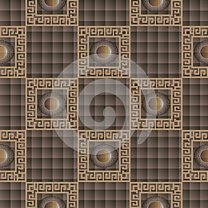 Checkered brown 3d greek seamless pattern. Check ornamental text