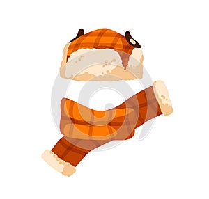 Checkered childish earflap hat and scarf. Winter orange cap with fur for children. Flat vector cartoon illustration of