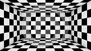 Checkered empty room. Abstract wallpaper, black and white flooring illusion pattern texture background. 3d squares illustration