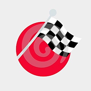 Checkered Finish Flag in a red circle. Racing competitions, motorcycle racing. Waving black and white flag. Victory