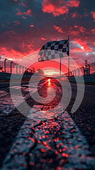 Checkered flag at empty race track with wet asphalt reflecting dramatic red sunset. Concept of motorsport, tournament