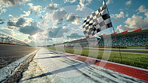 Checkered Flag Waving at Racing Finish Line on Motorsport Track